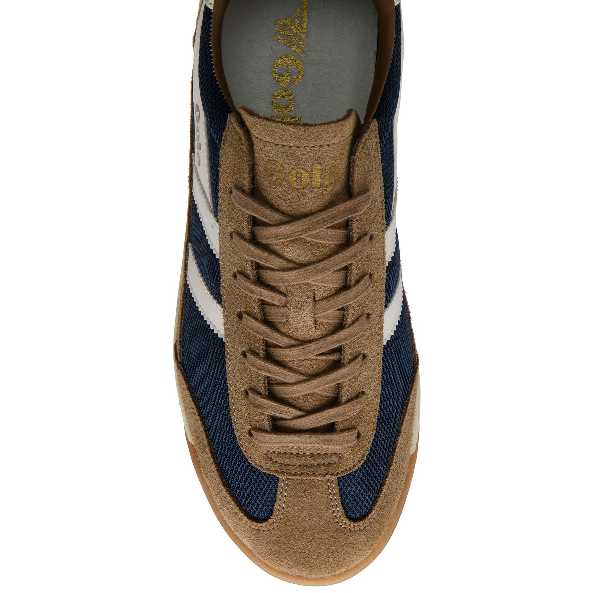 Top down view of a Gola Harrier trainer in tan suede and navy mesh with white stripes
