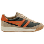 Trainer with orange, black, and beige design on a white background
