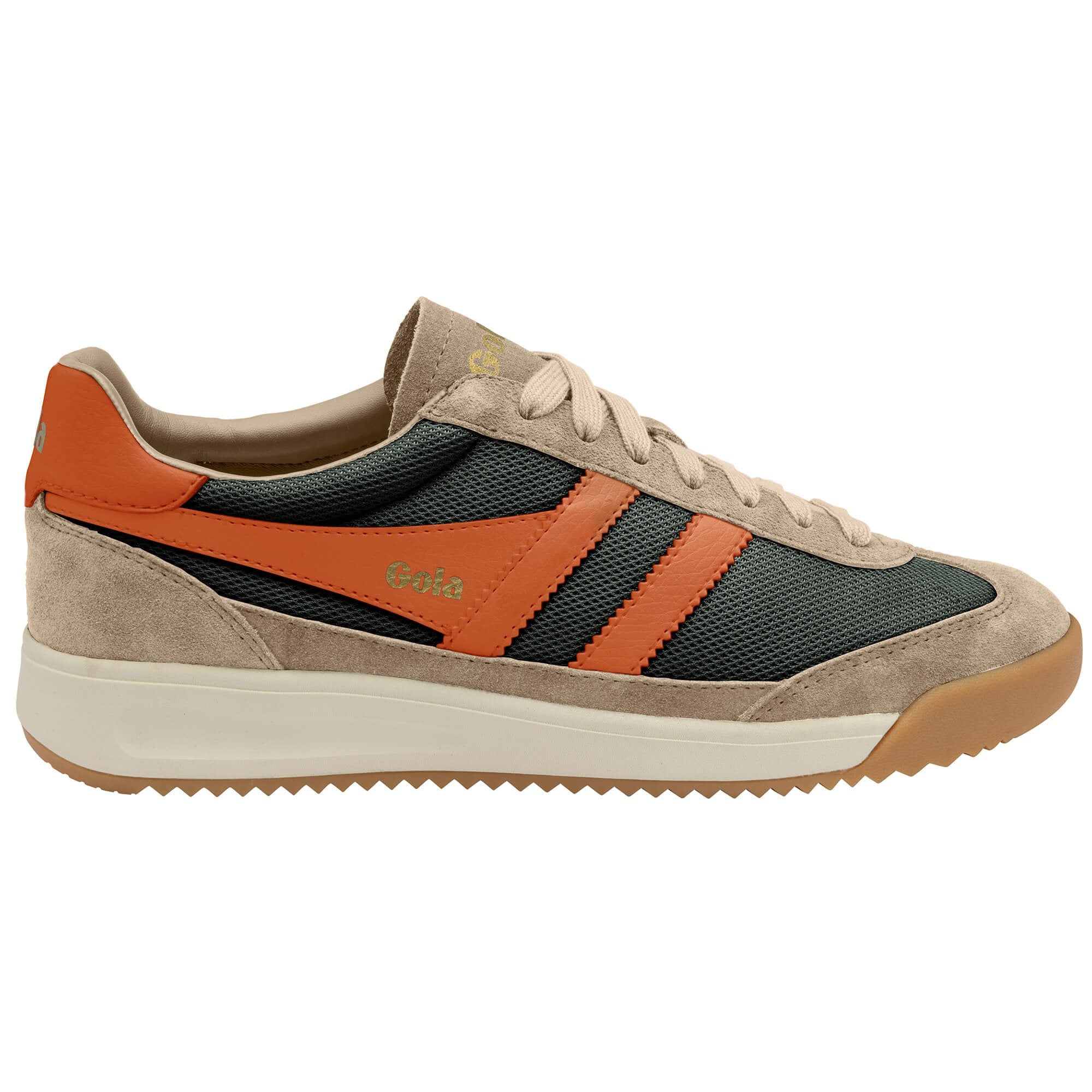 Trainer with orange, black, and beige design on a white background