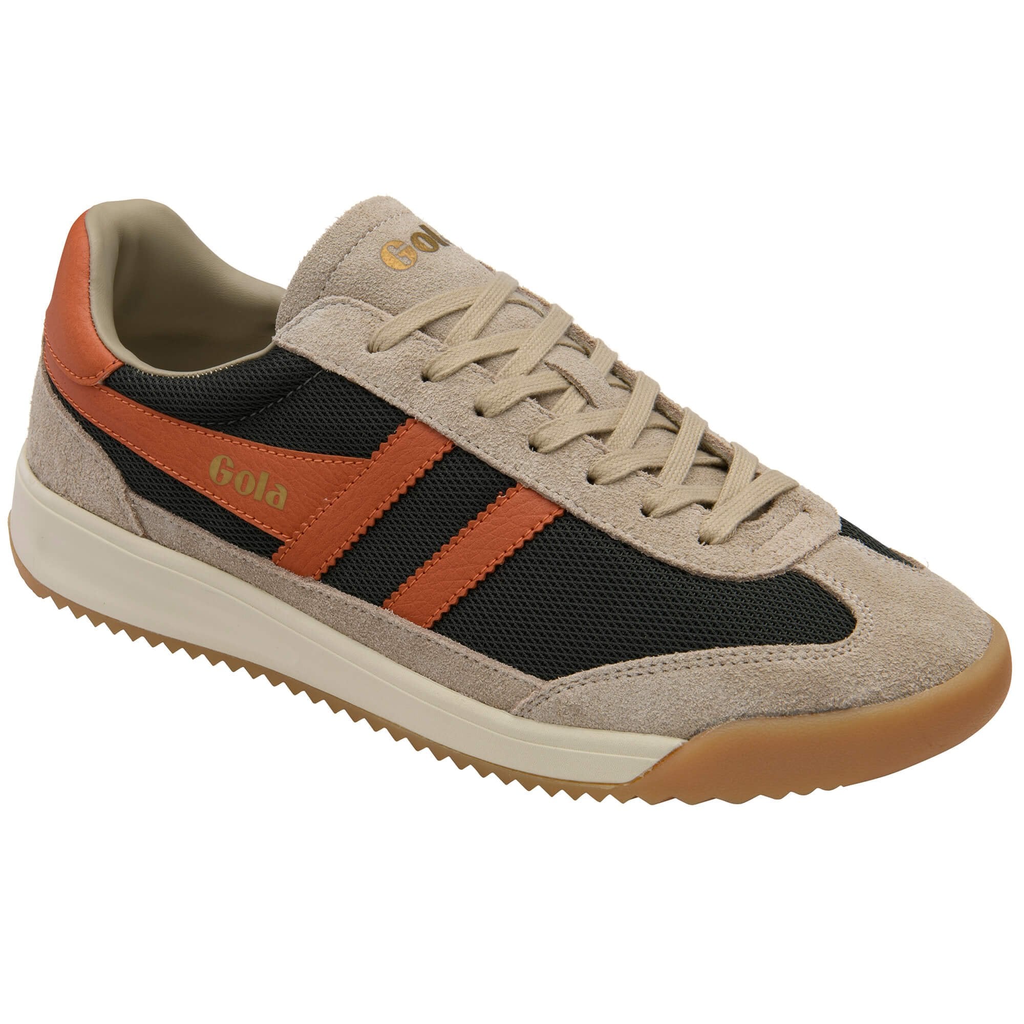 Gola men's sneaker in beige suede and black mesh with orange stripes and gum sole