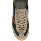 Beige and green trainer with 'Gola' branding on a white background