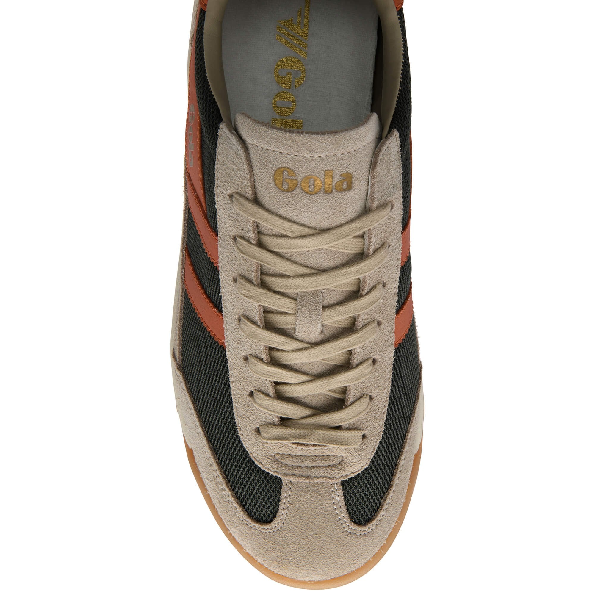 Beige and green trainer with 'Gola' branding on a white background