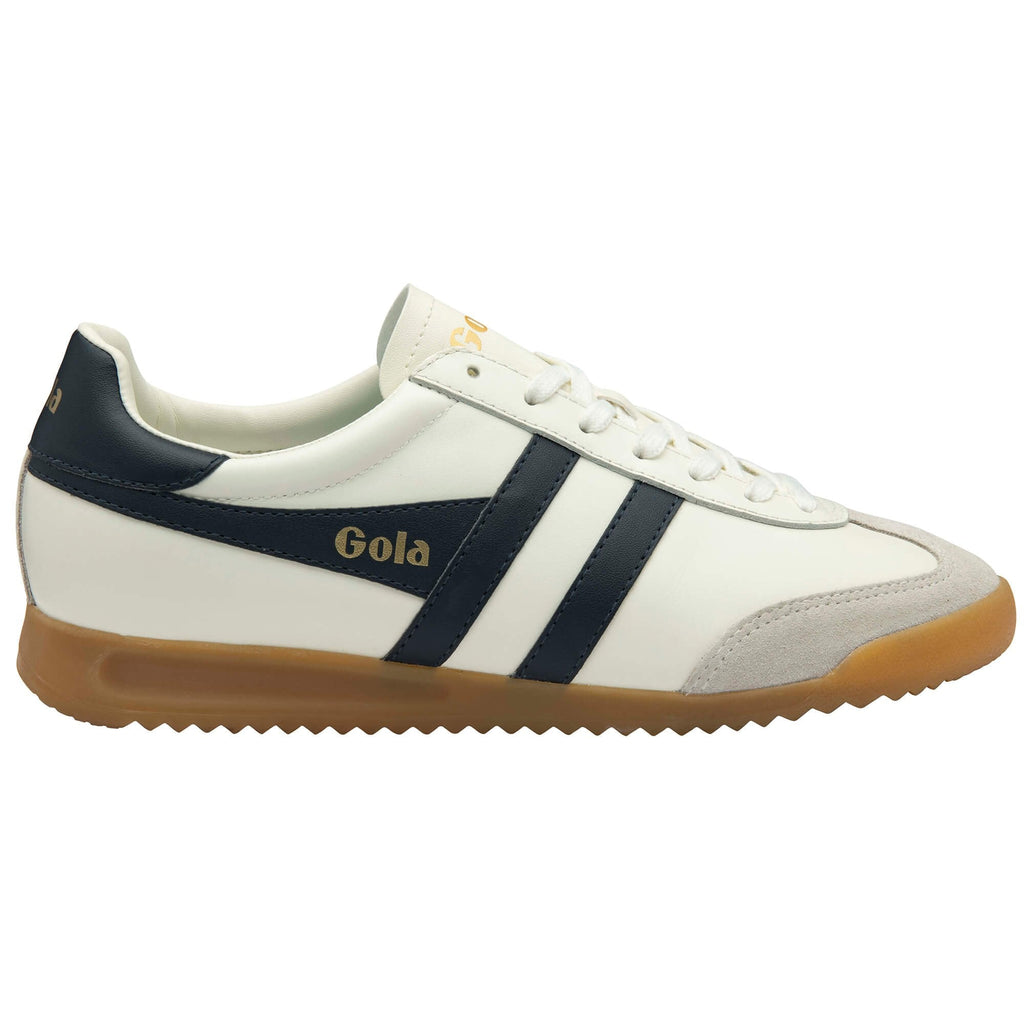 White trainer with navy stripes and brown sole on a white background