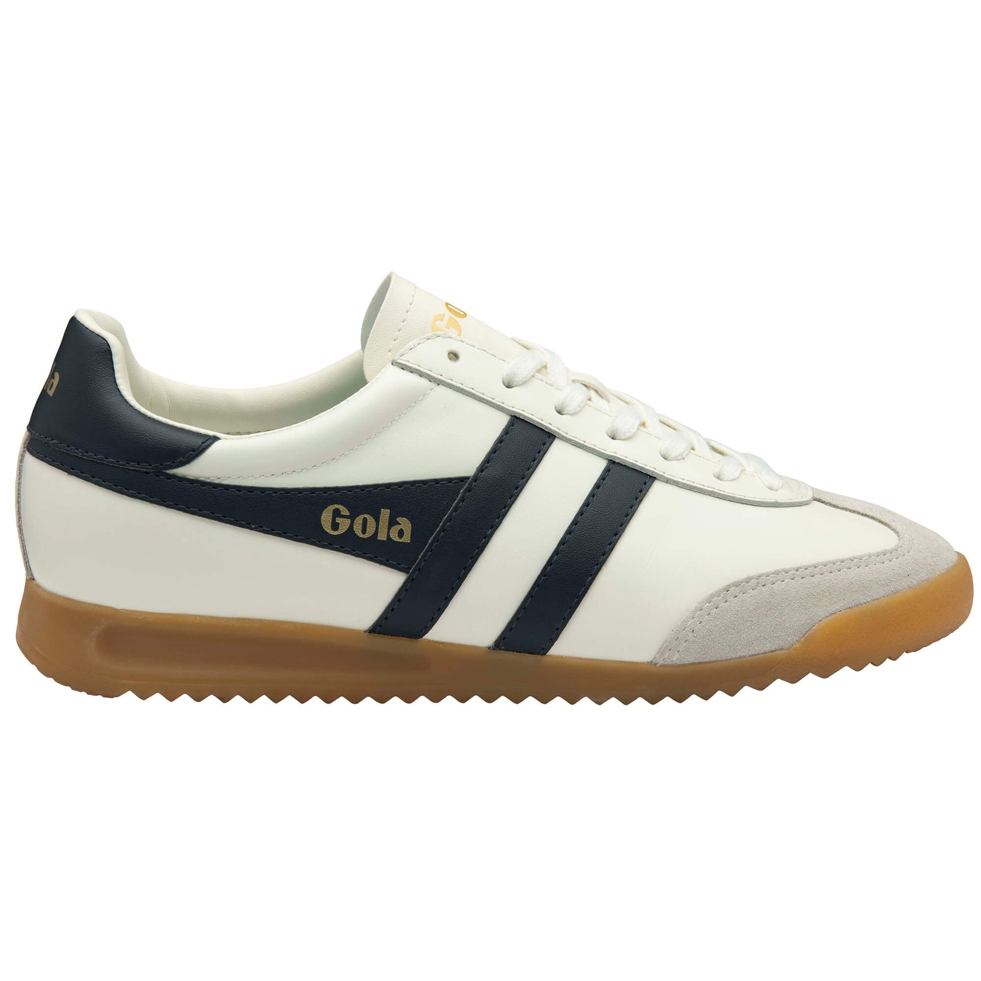 White trainer with navy stripes and brown sole on a white background