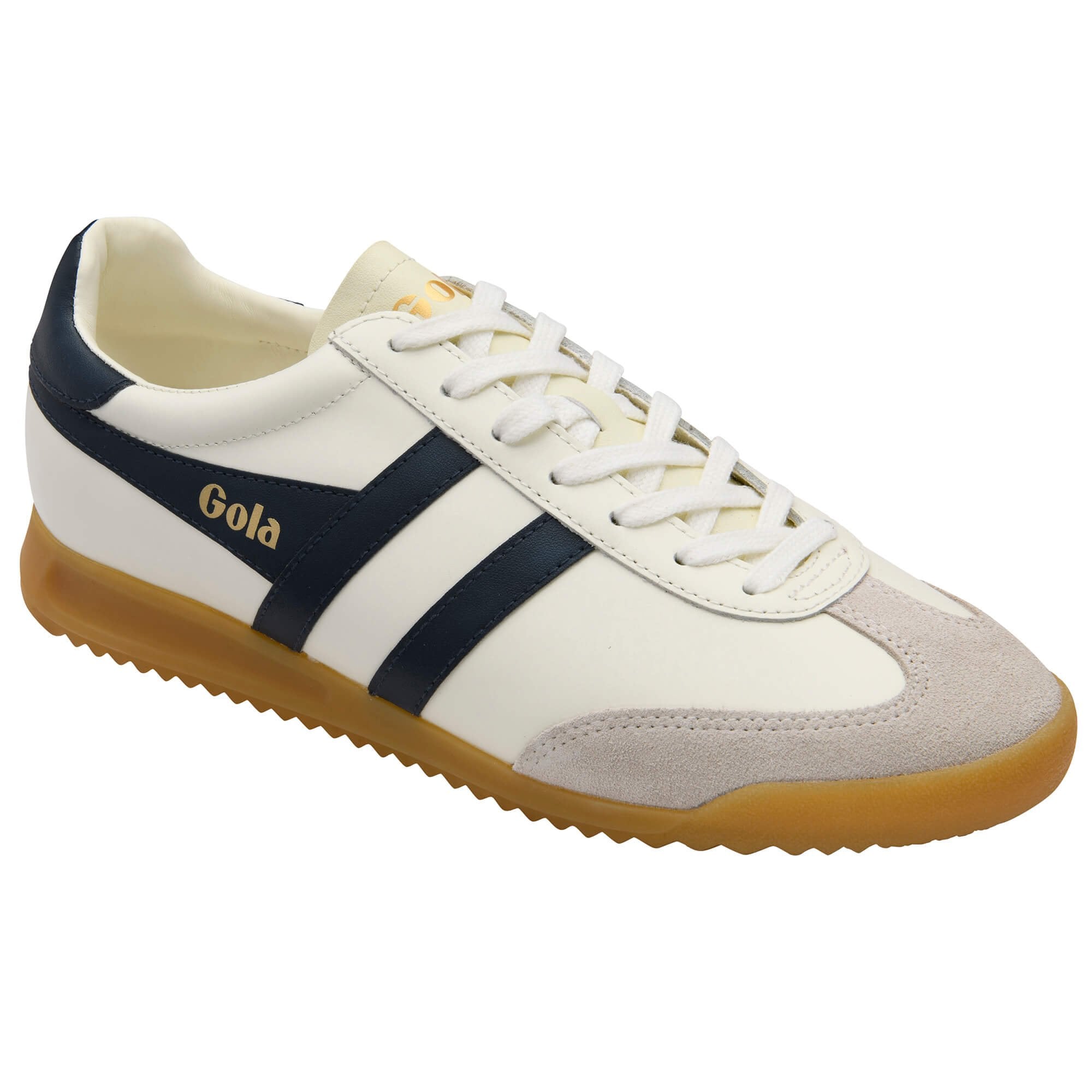 White trainer with navy stripe and brown sole on a white background