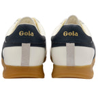 Rear view of two white Gola sneakers with navy blue heel tabs and gum soles.