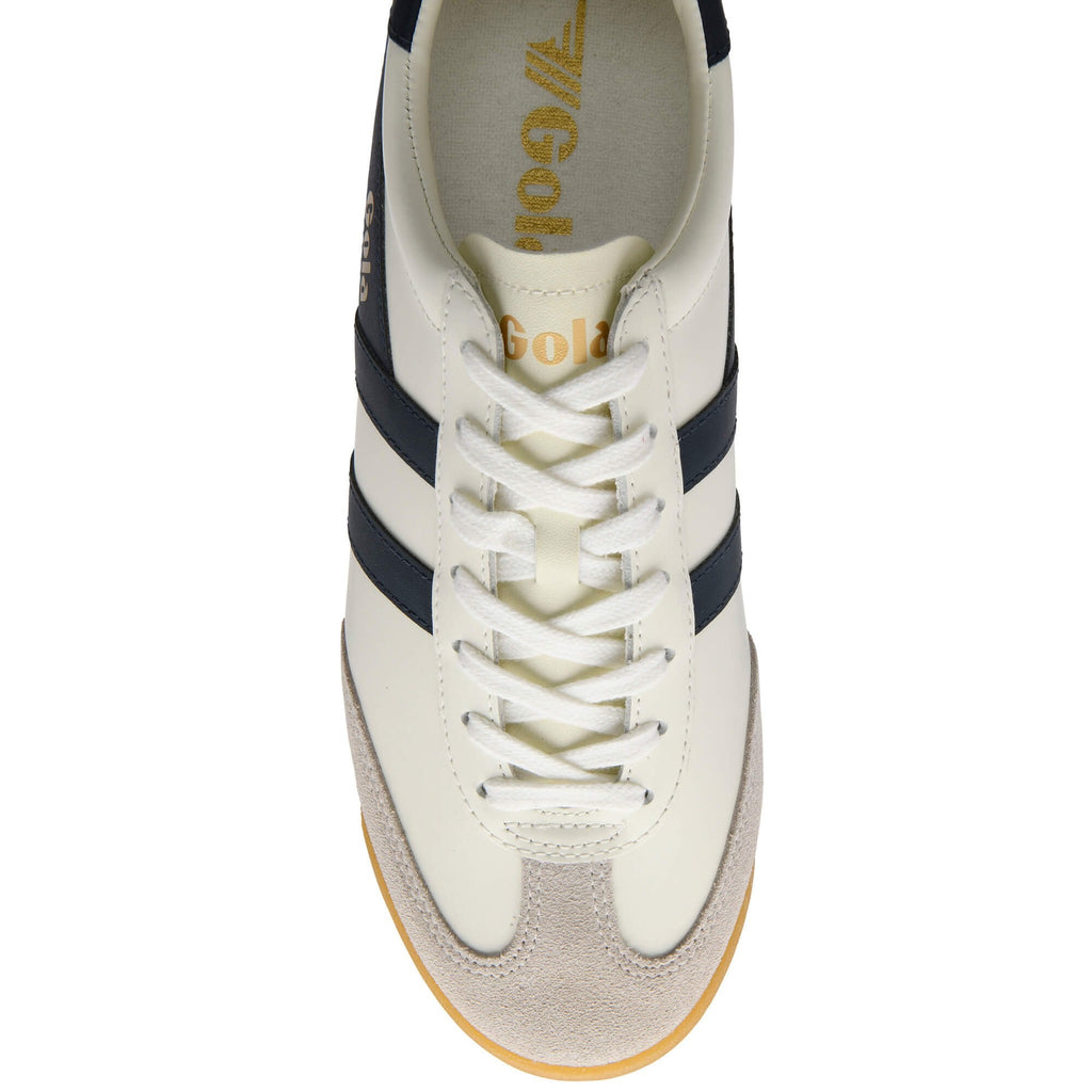 Overhead view of a white Gola sneaker with navy stripes and white laces.