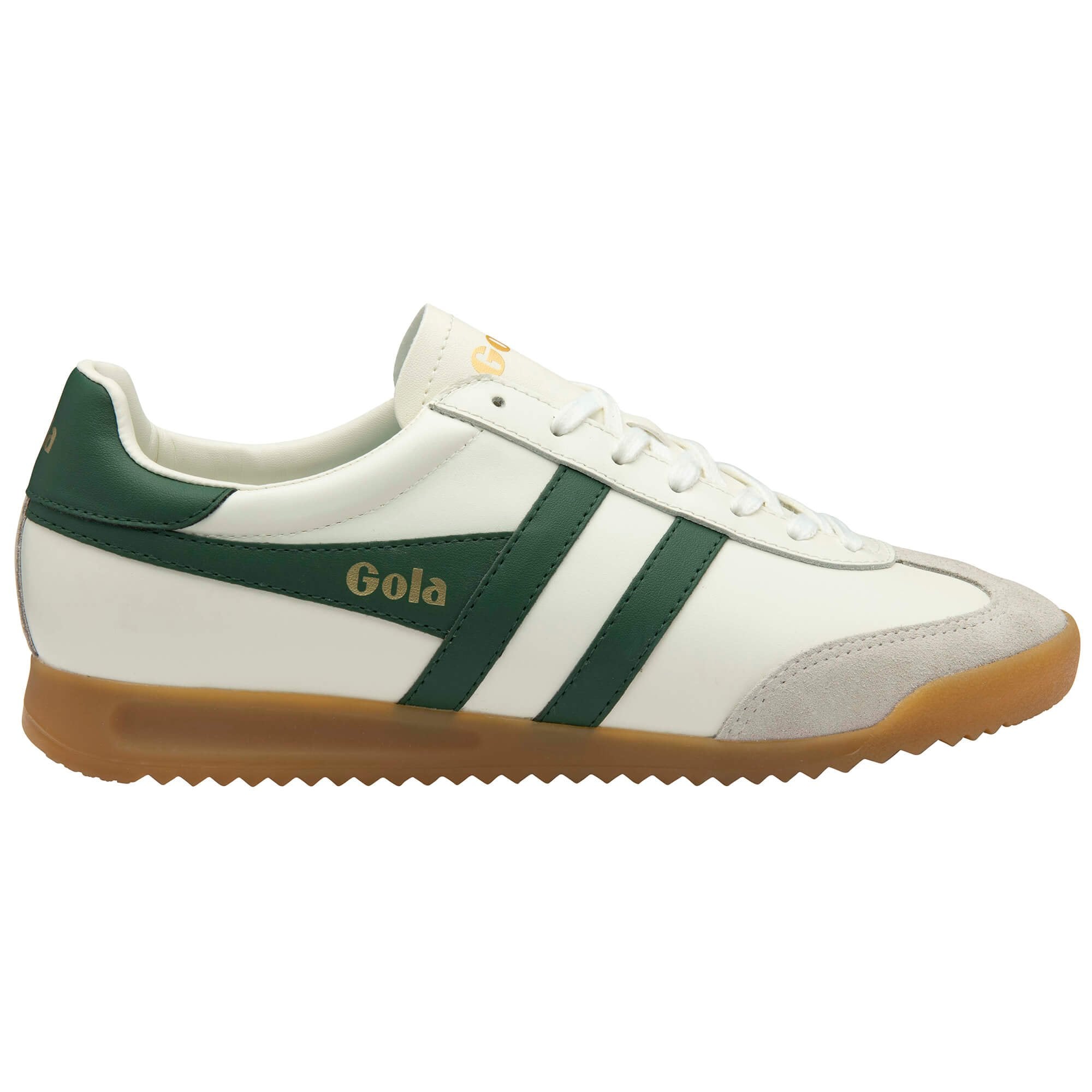 White trainer with green stripes and brown sole on a white background