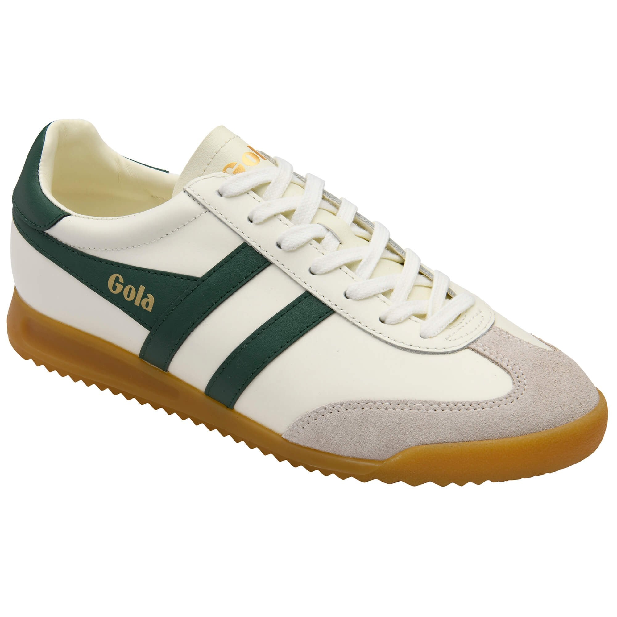 White Gola sneaker with green stripes and a brown sole.