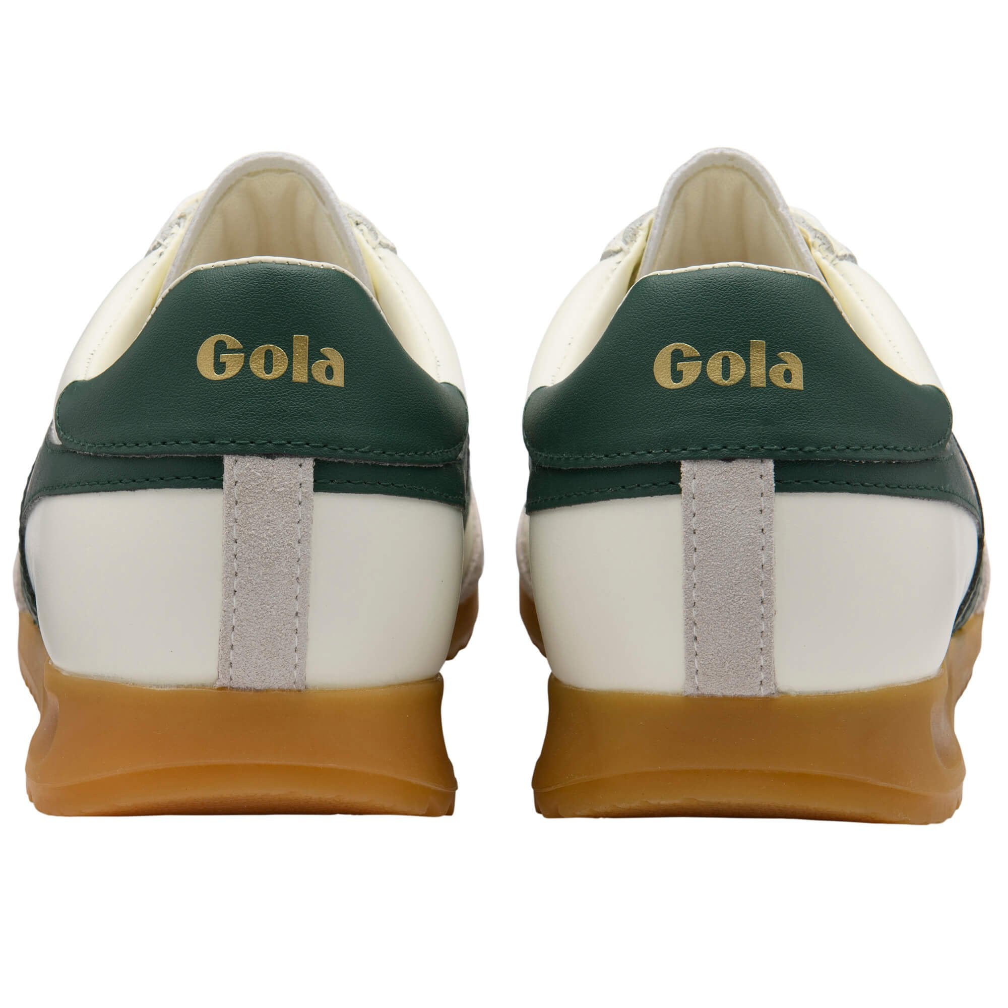 Rear view of two white Gola sneakers with dark green heel tabs and gold Gola lettering. Gum soles.