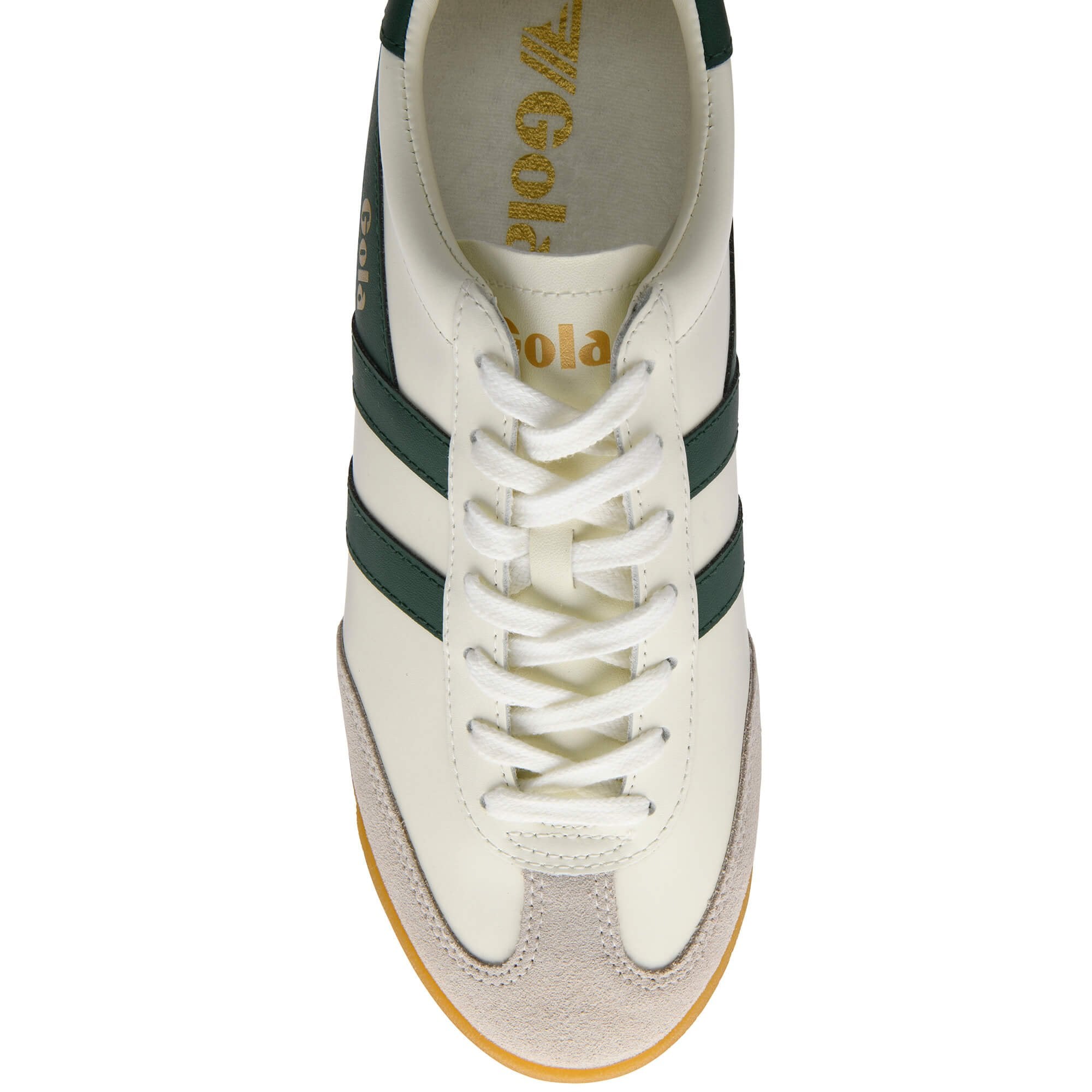 Overhead view of a white Gola sneaker with dark green stripes and laces, and a light brown suede toe.