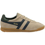 Gola Harrier suede trainer in beige with navy stripes and gum sole