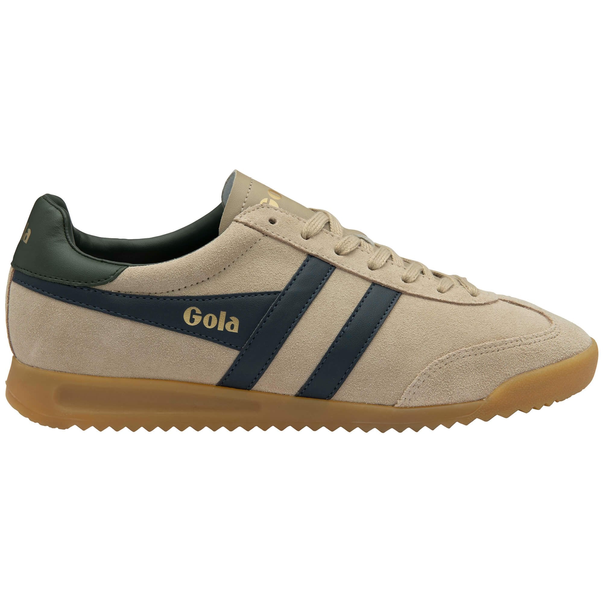 Gola Harrier suede trainer in beige with navy stripes and gum sole