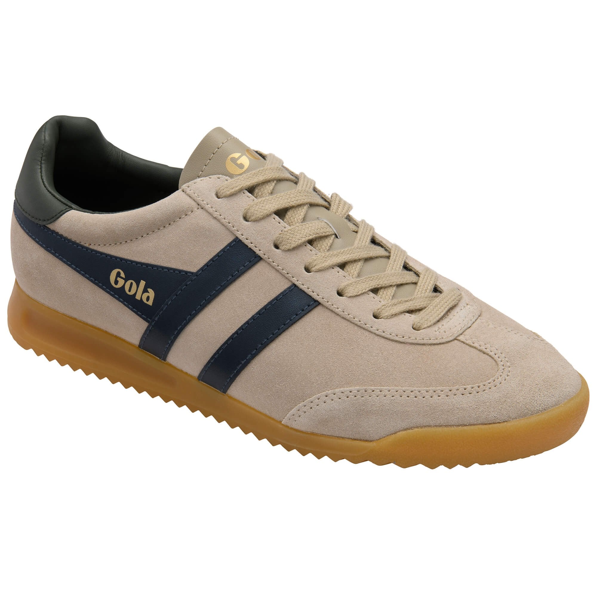 Beige trainer with navy stripe and 'Gola' branding on a white background