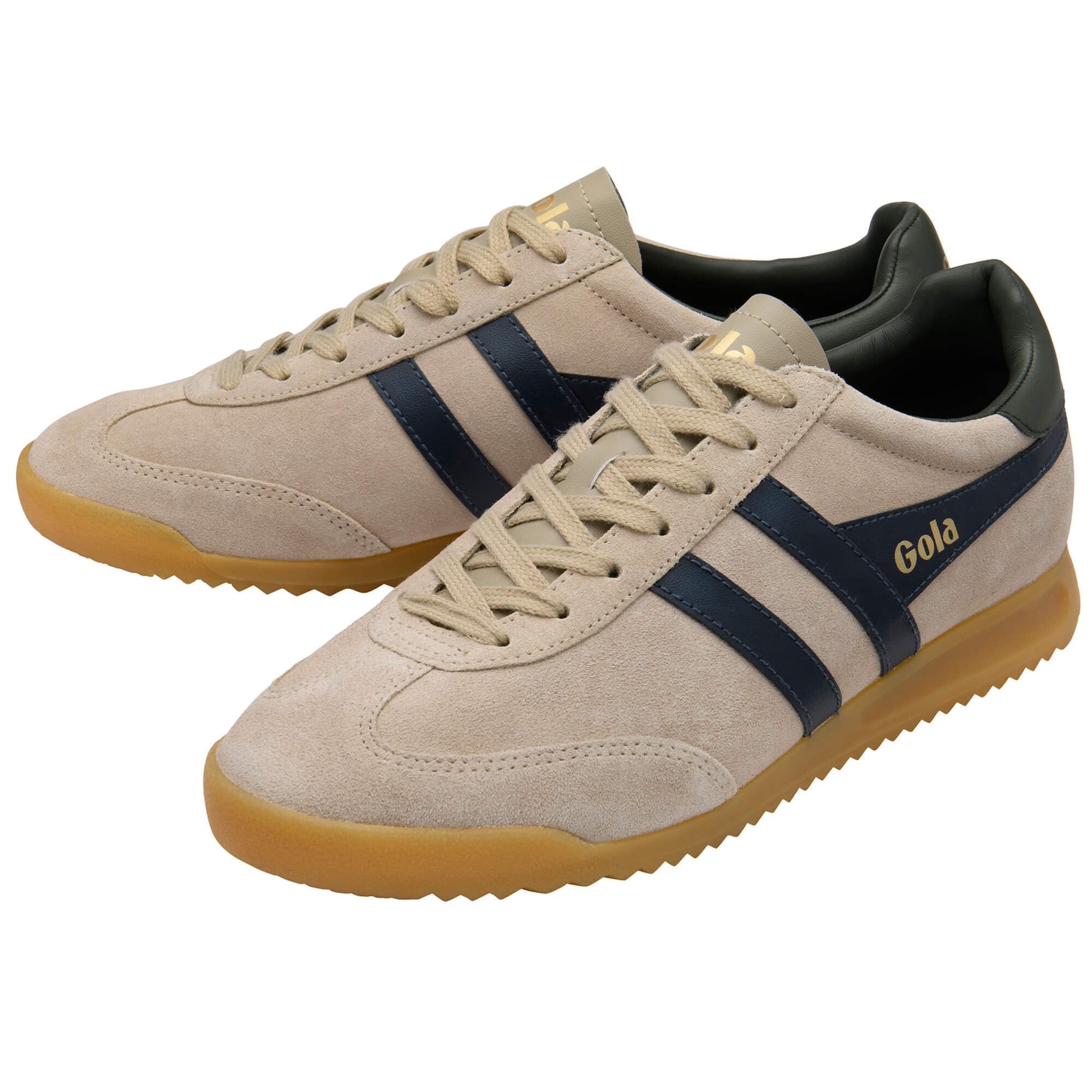 Beige trainers with navy stripes and 'Gola' branding on a white background