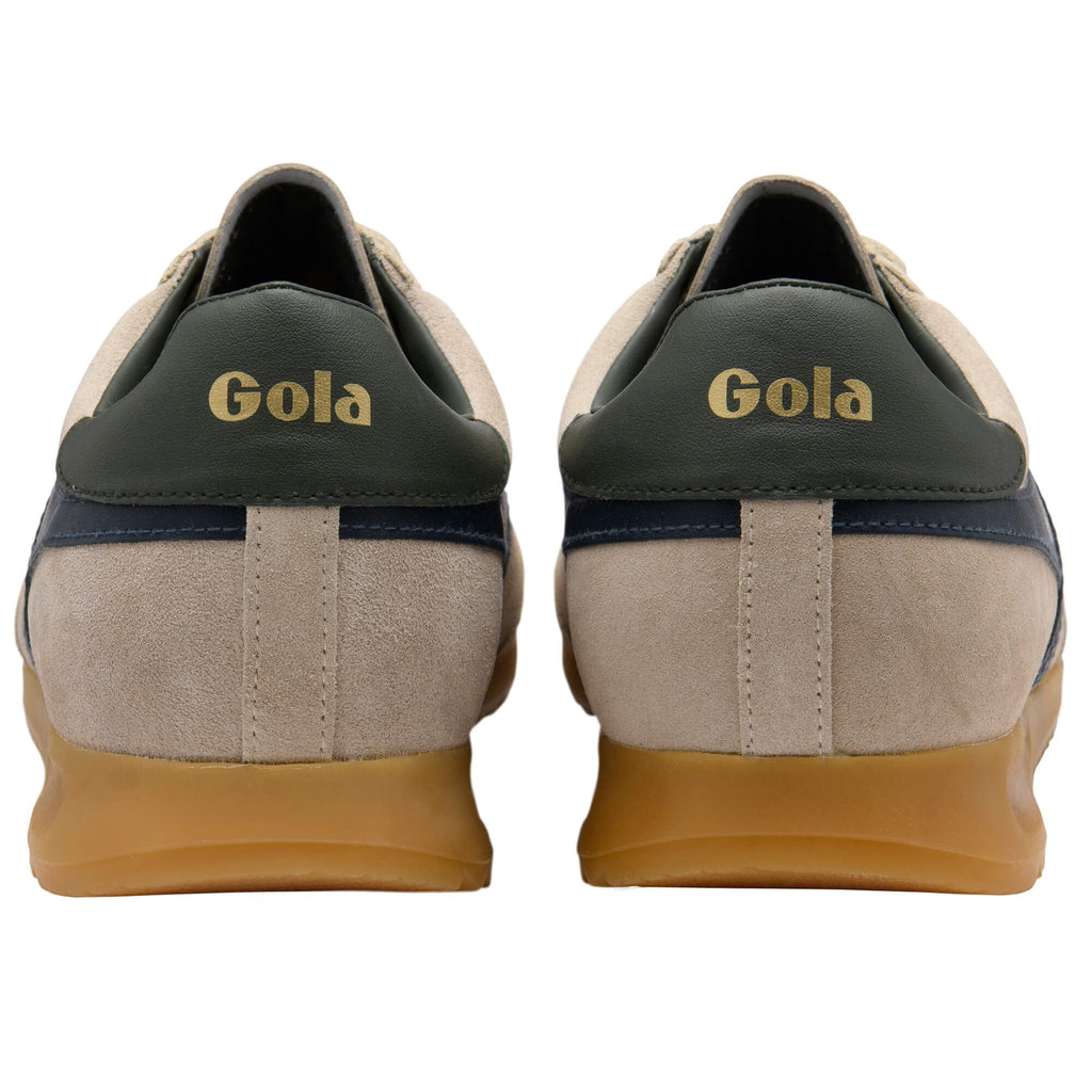 Pair of Gola sneakers, rear view, with beige suede, navy stripe, dark green heel tab, and gum sole