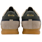 Pair of Gola sneakers, rear view, with beige suede, navy stripe, dark green heel tab, and gum sole