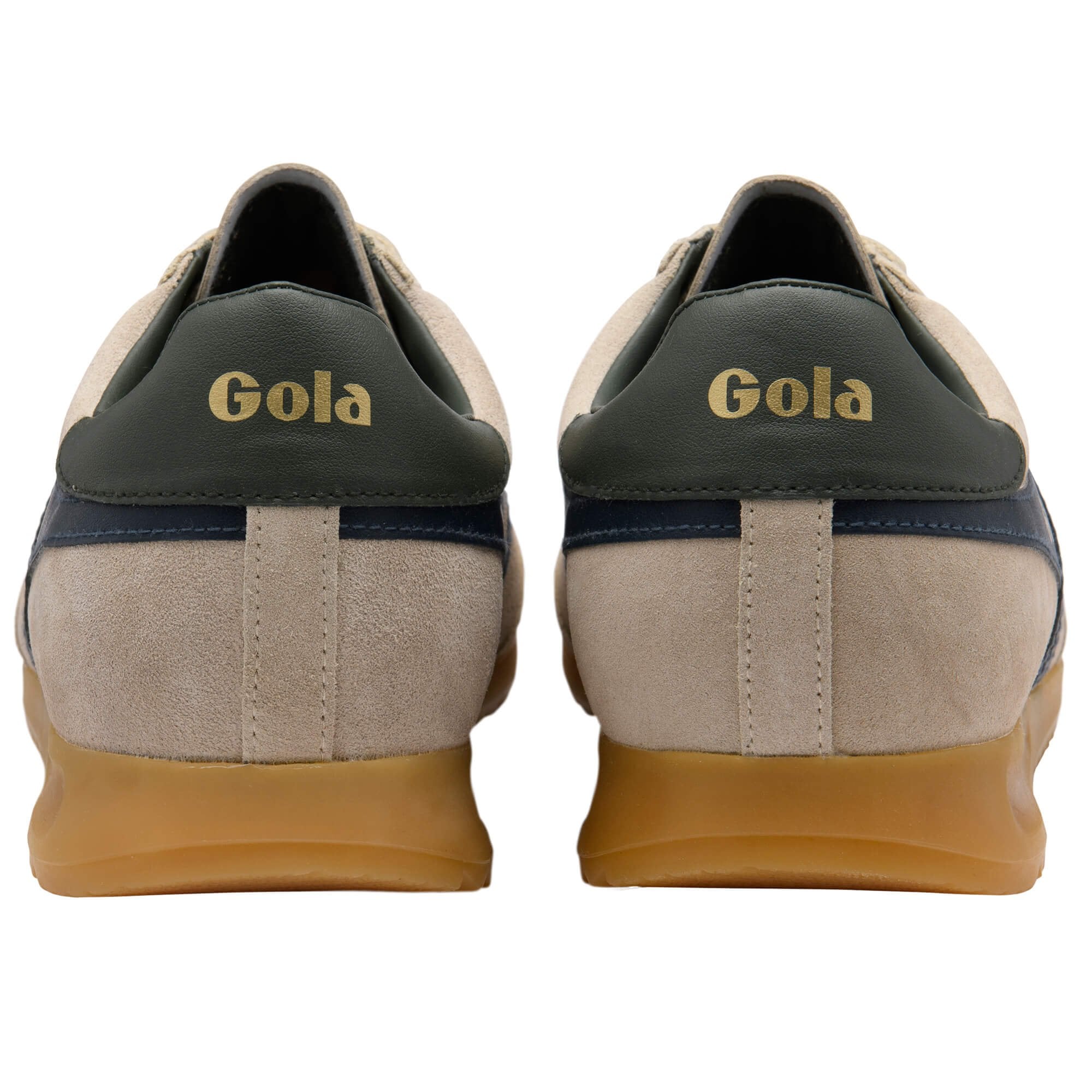 Pair of Gola sneakers, rear view, with beige suede, navy stripe, dark green heel tab, and gum sole