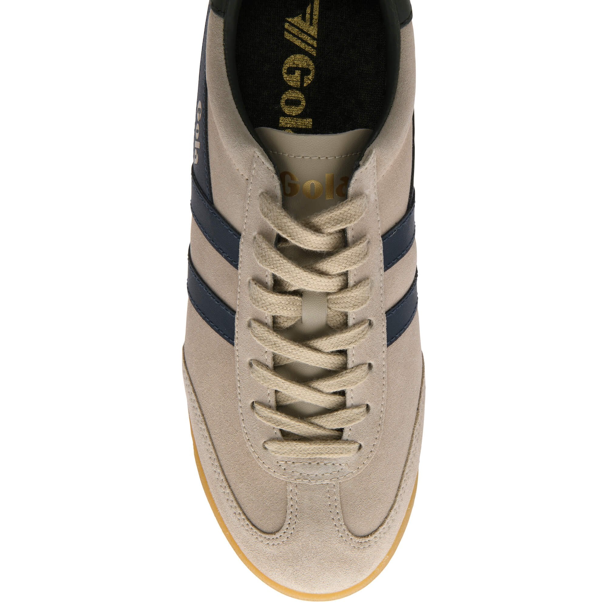 Top-down view of a beige Gola trainer with navy stripes and laces