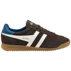 Brown Gola Harrier suede trainer with white stripes and blue heel tab