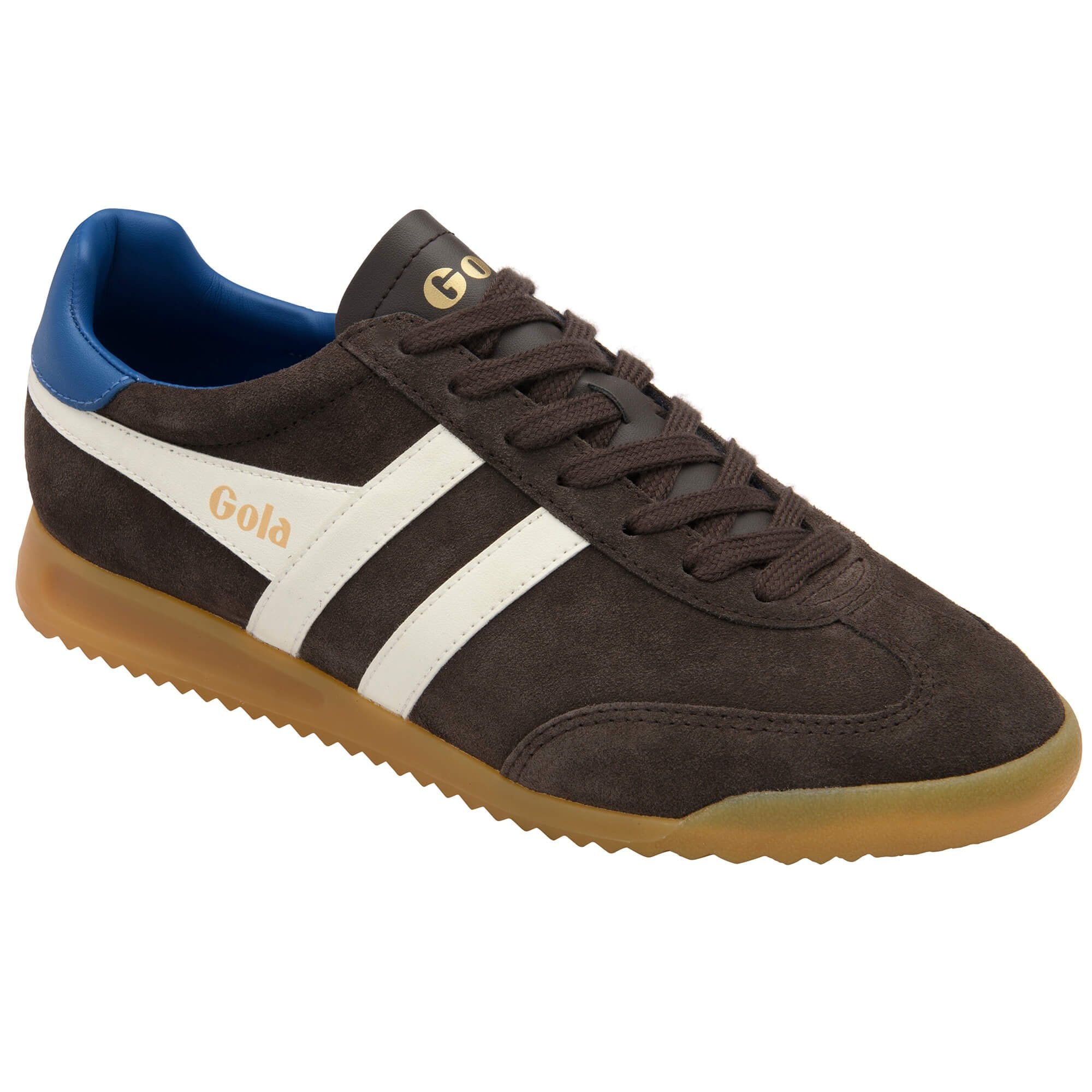 Brown trainer with white stripe and blue accents on a white background