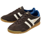 Brown trainers with white stripes and blue accents on a white background