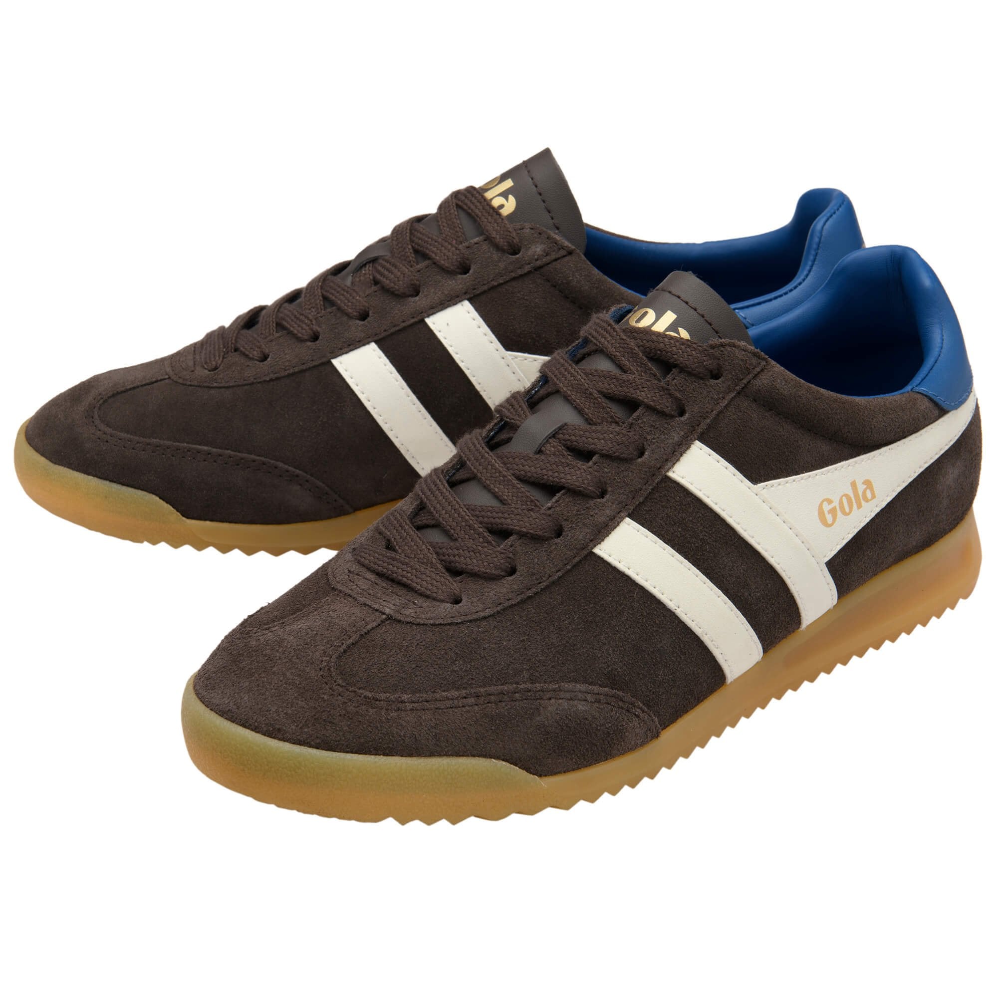 Brown trainers with white stripes and blue accents on a white background