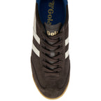 Top down view of a brown suede Gola trainer with white stripes and dark blue interior