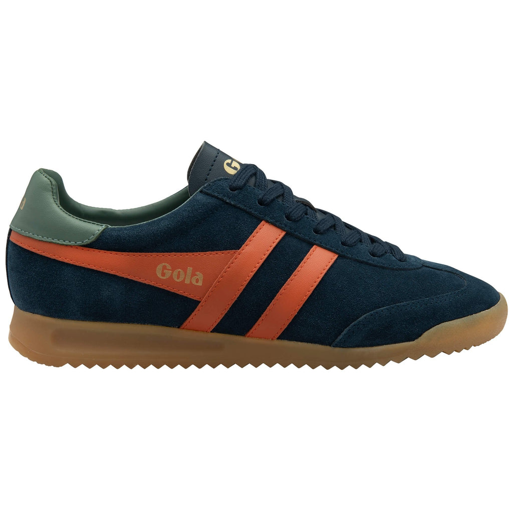 Navy blue trainer with orange accents on a white background