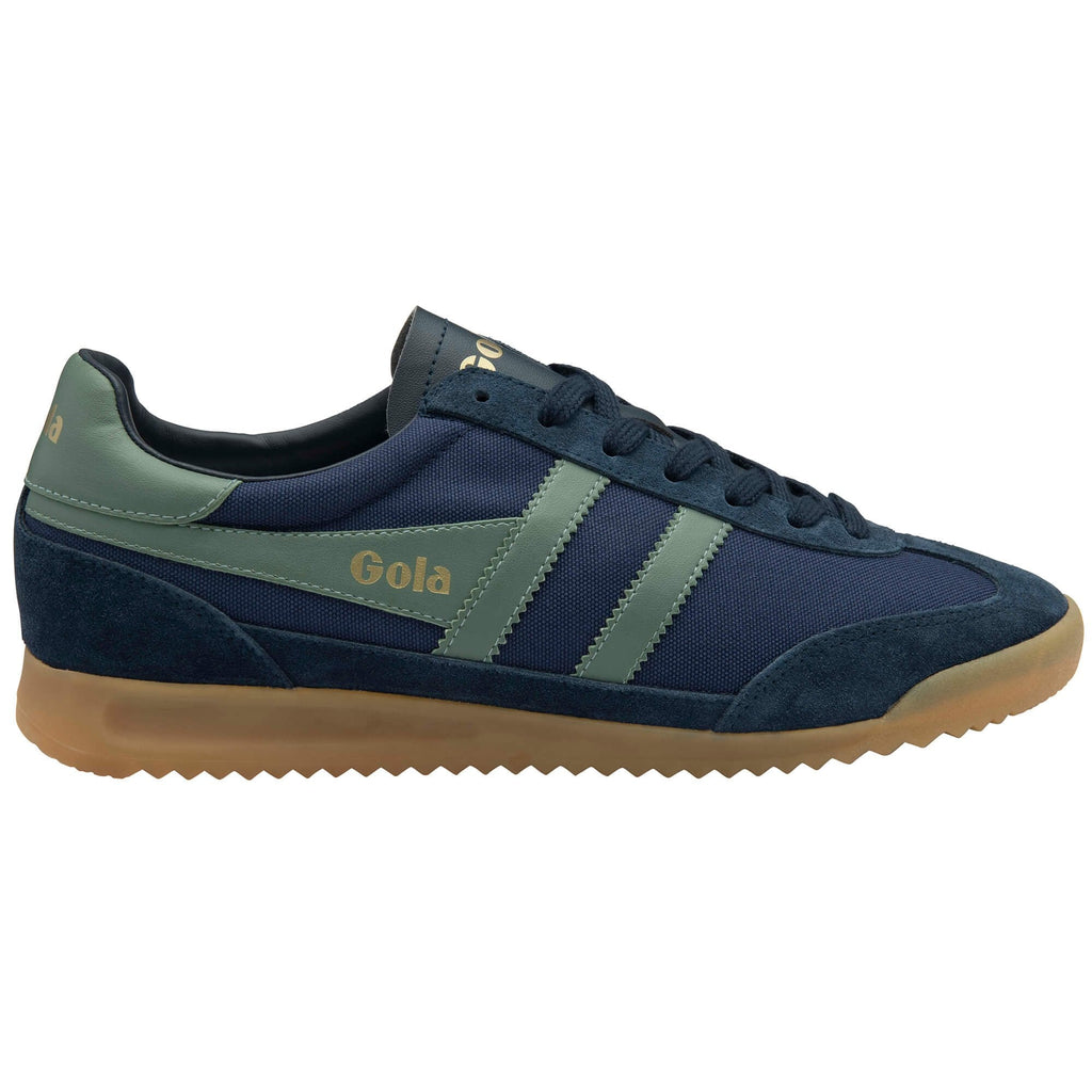 Navy blue and green trainer with 'Gola' branding on a white background