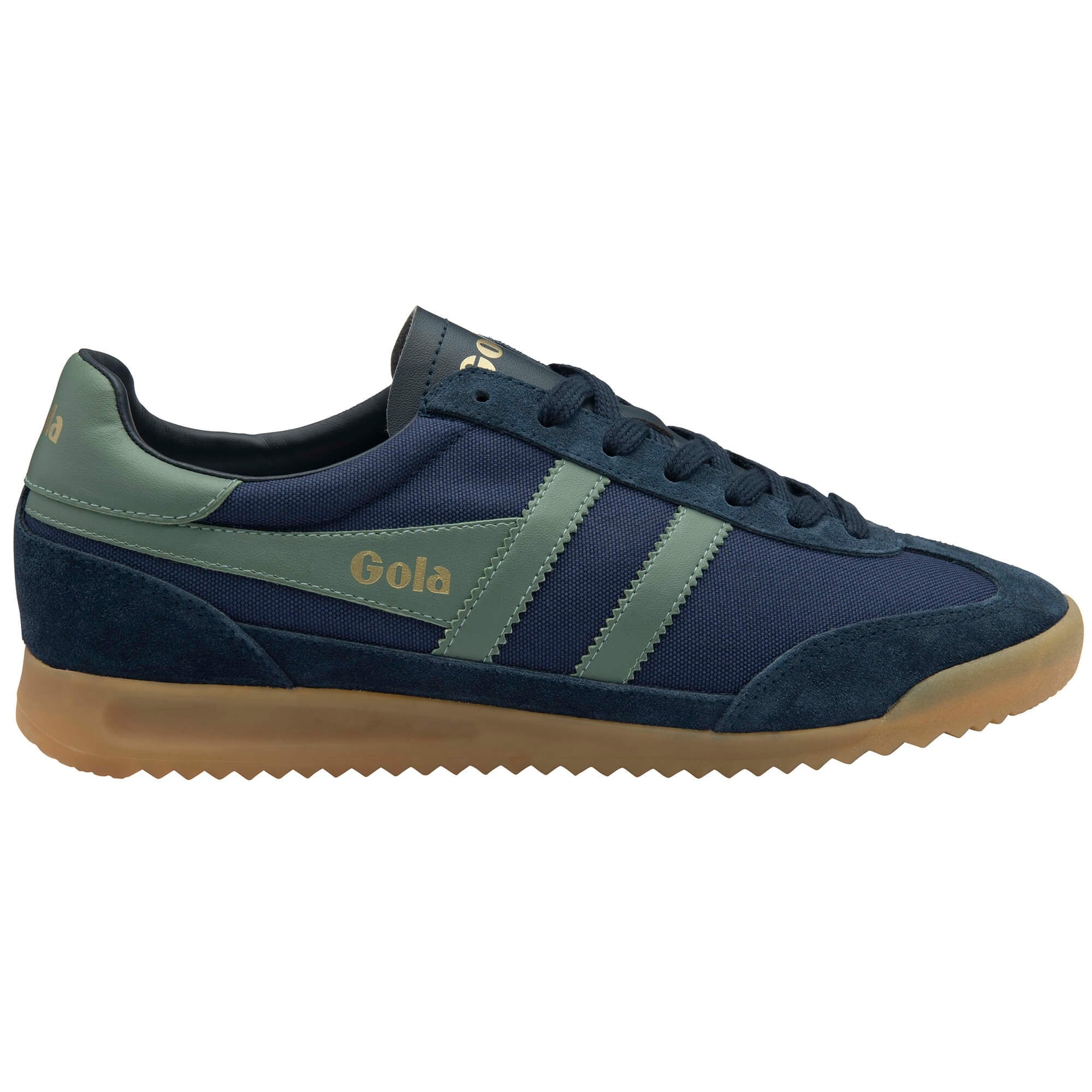 Navy blue and green trainer with 'Gola' branding on a white background
