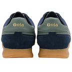 Navy and green Gola trainers with tan soles on a white background