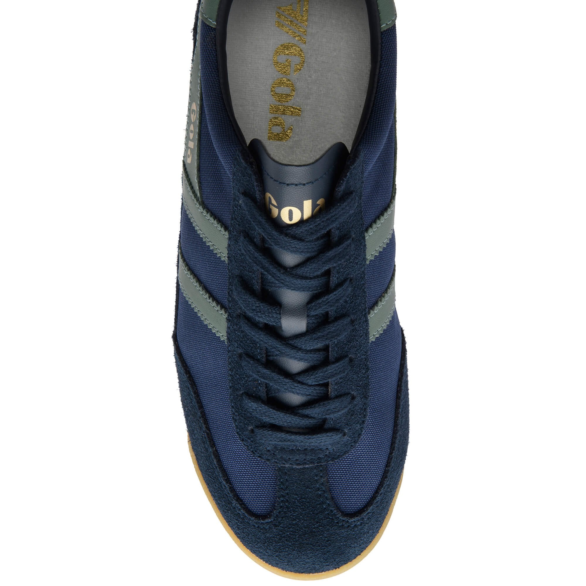 Navy blue Gola trainer with grey stripes and gold Gola branding