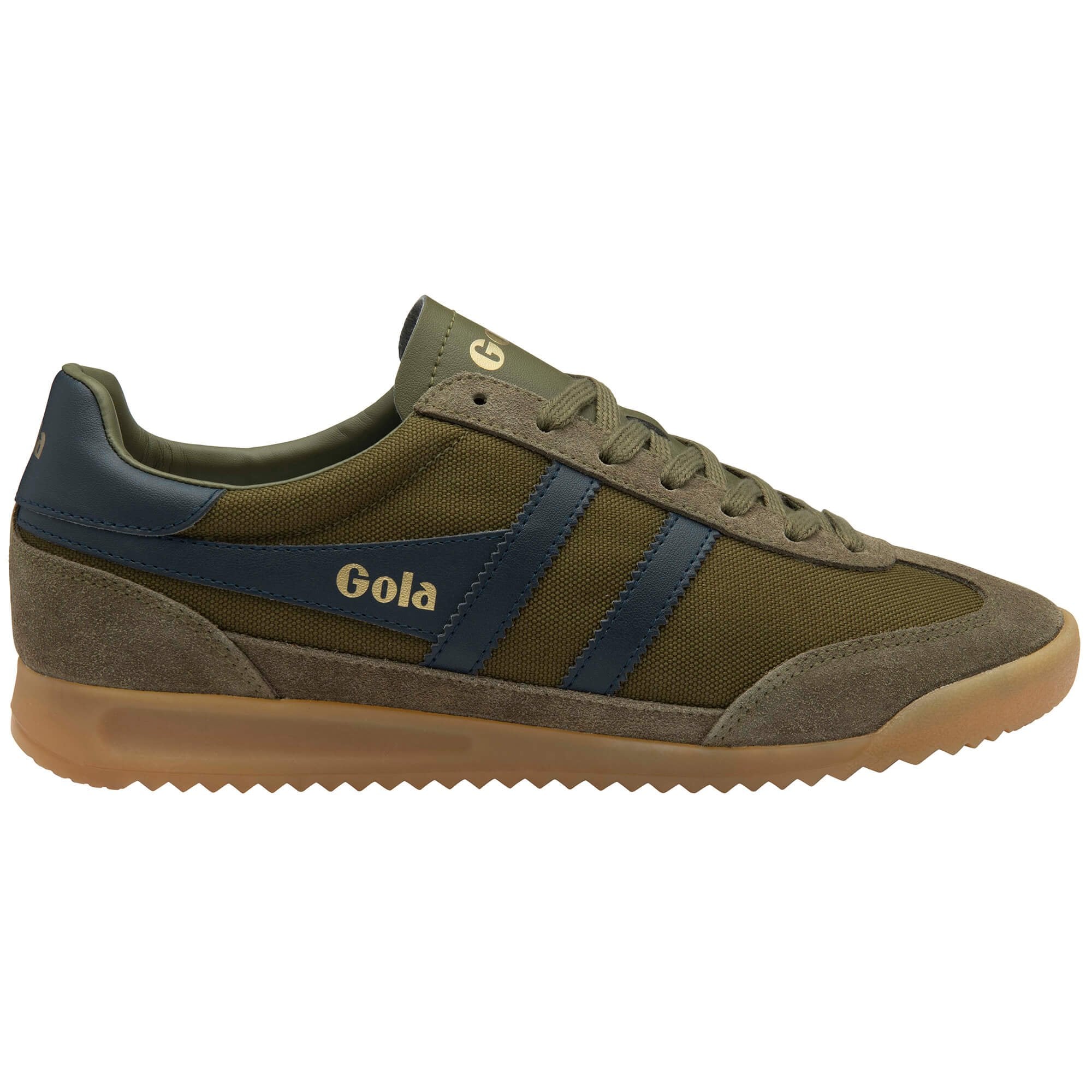 Green and navy Gola trainer on a white background