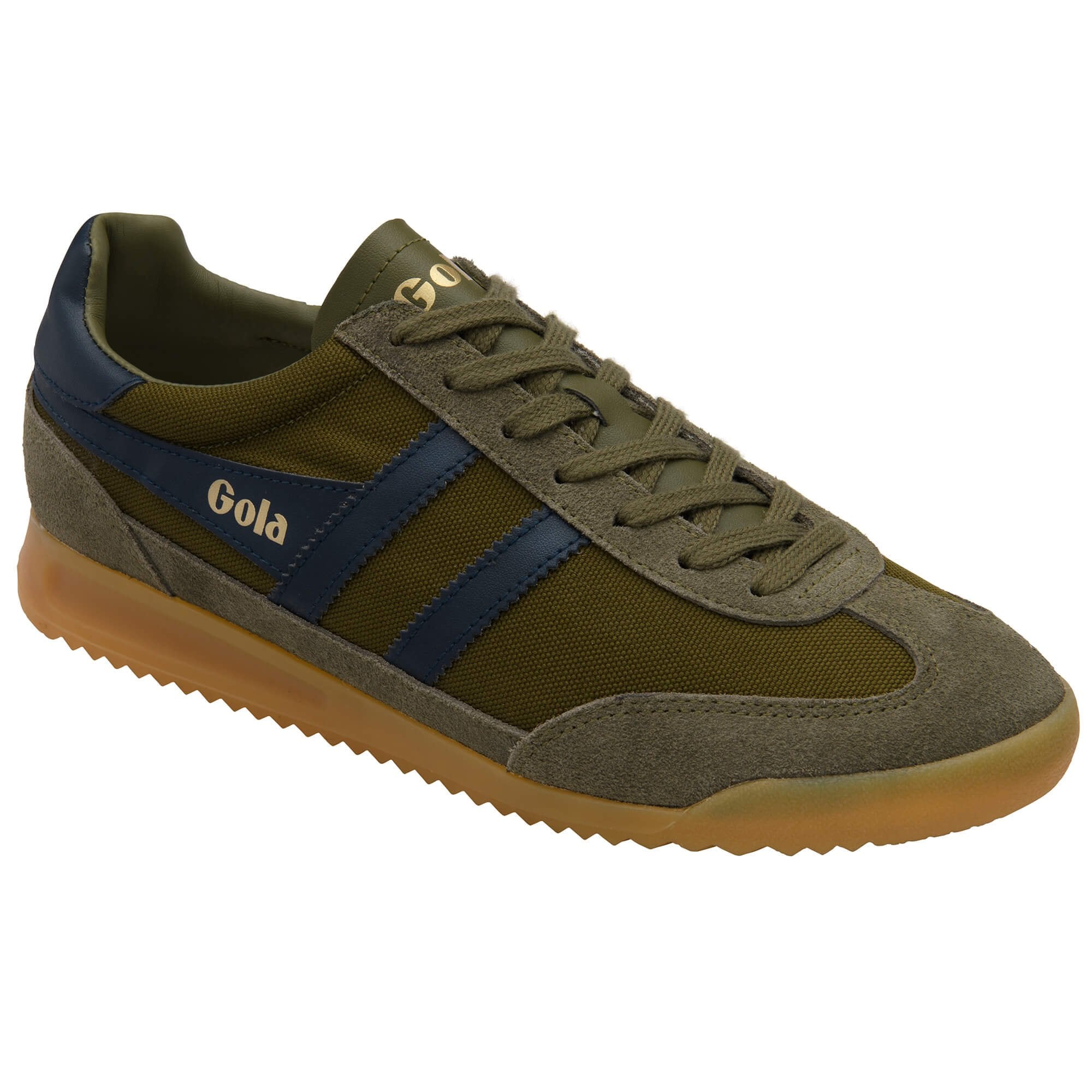 Green trainer with brown sole on a white background