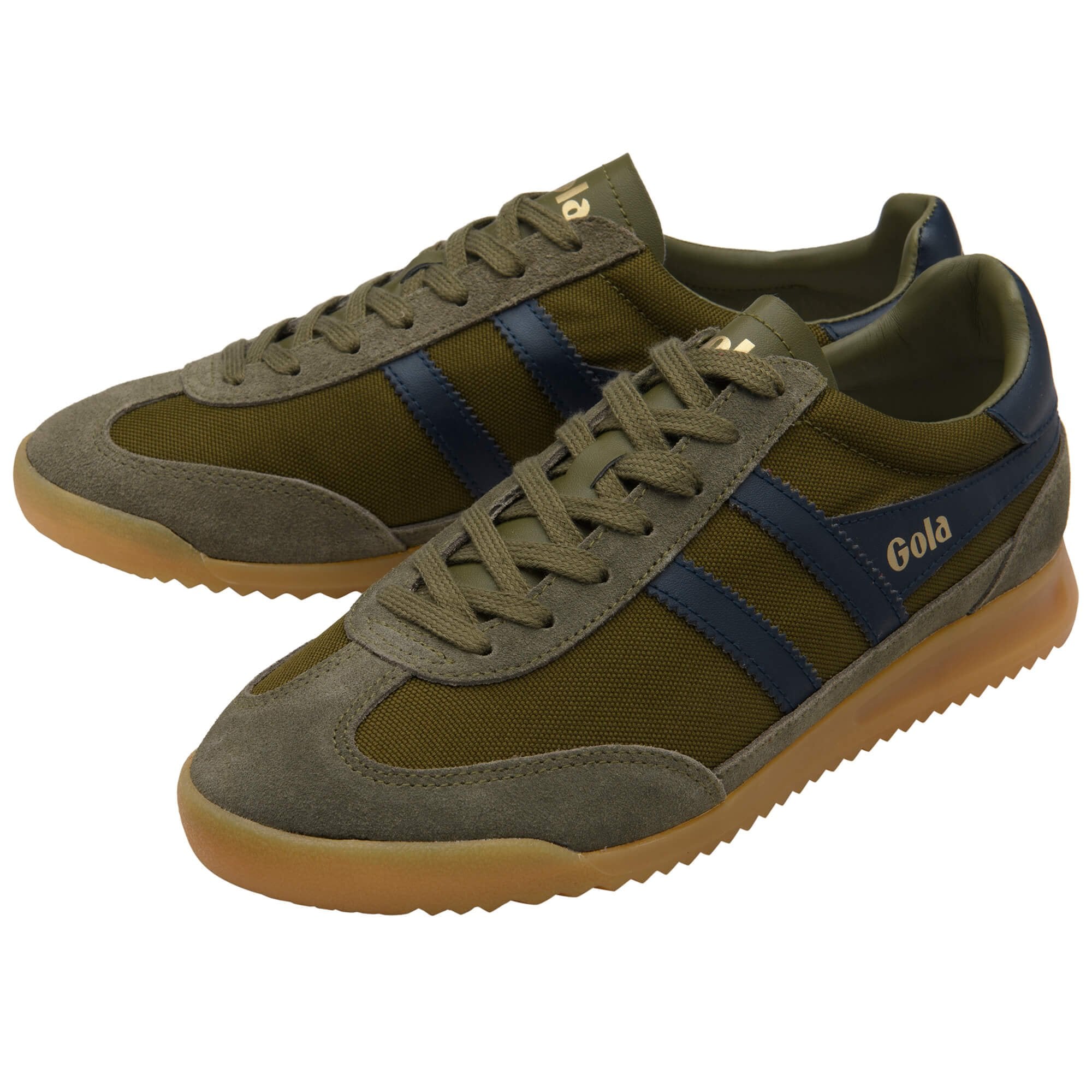 Pair of green trainers with navy stripes on a white background