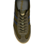 Top down view of a Gola shoe in green with dark blue stripes and laces