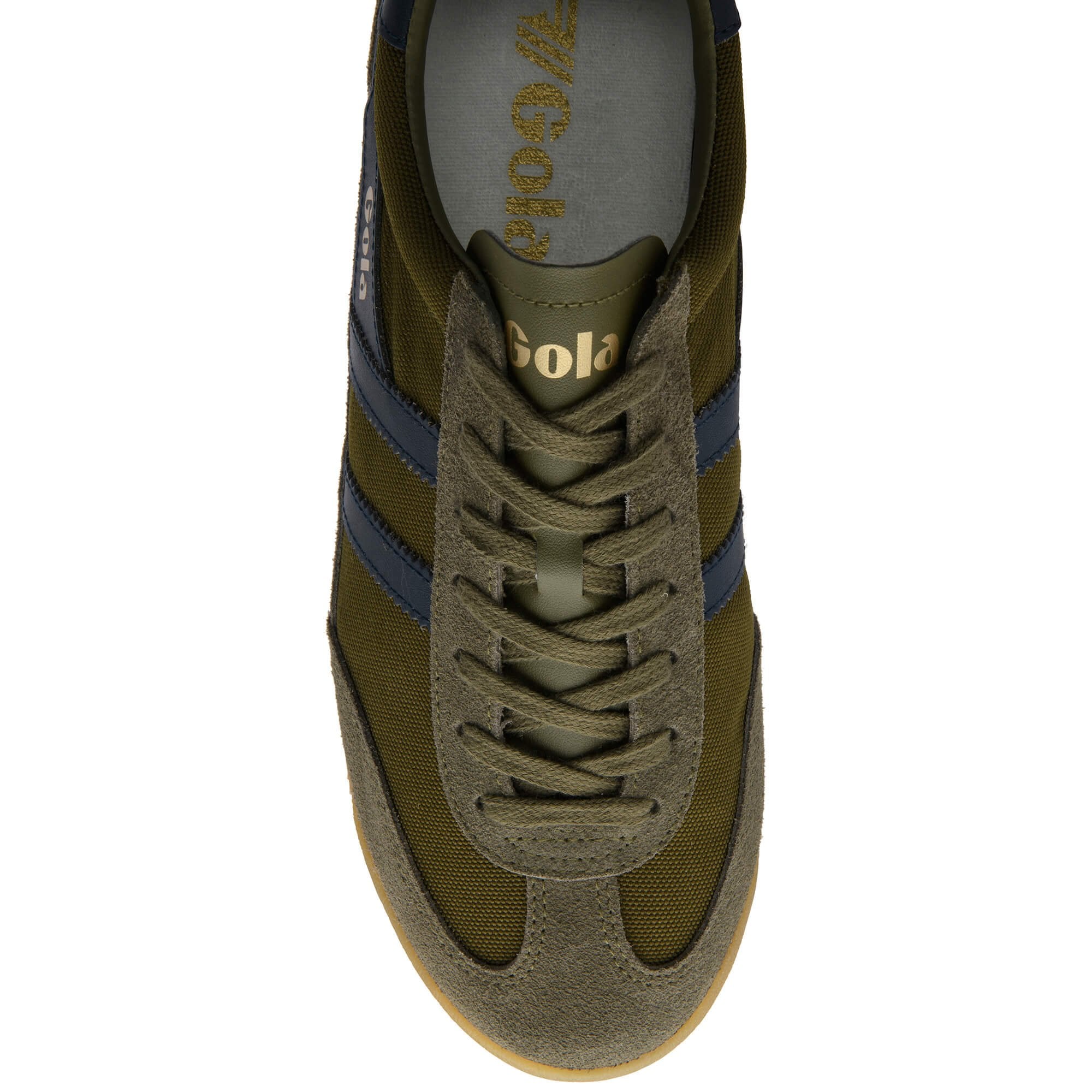 Top down view of a Gola shoe in green with dark blue stripes and laces
