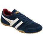 Navy blue trainer with white stripes and red interior on a white background