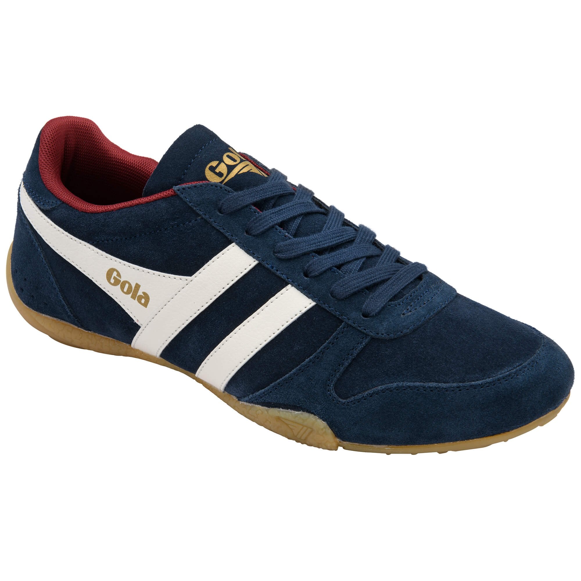 Navy blue trainer with white stripes and red interior on a white background