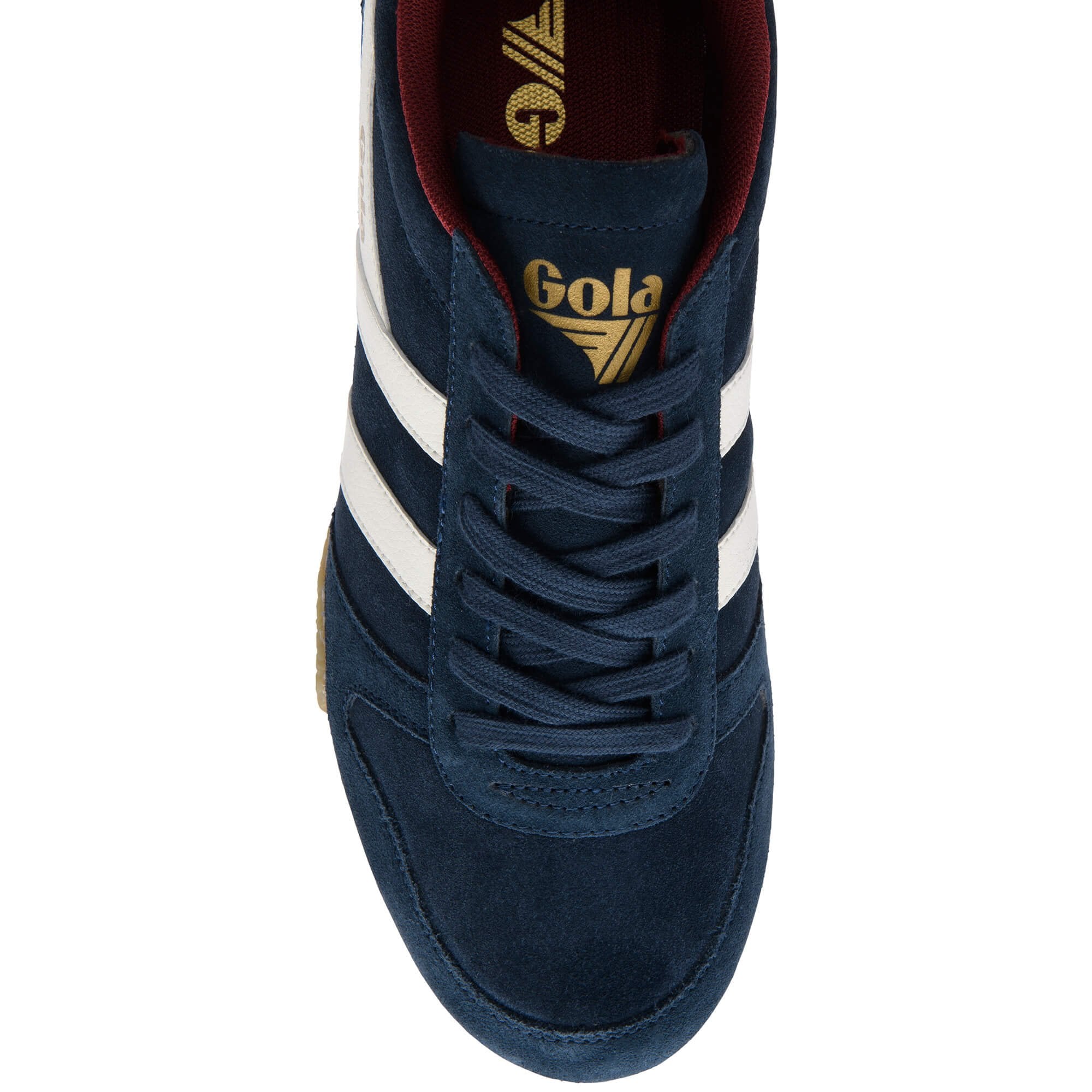 Navy Gola trainer with white stripes and gold Gola logo on the tongue