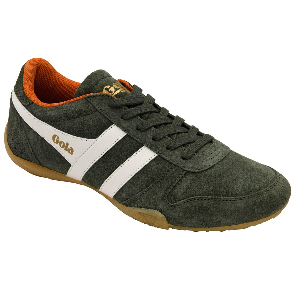 Gola suede trainer in dark green with white stripes and orange lining