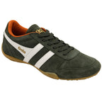 Gola suede trainer in dark green with white stripes and orange lining