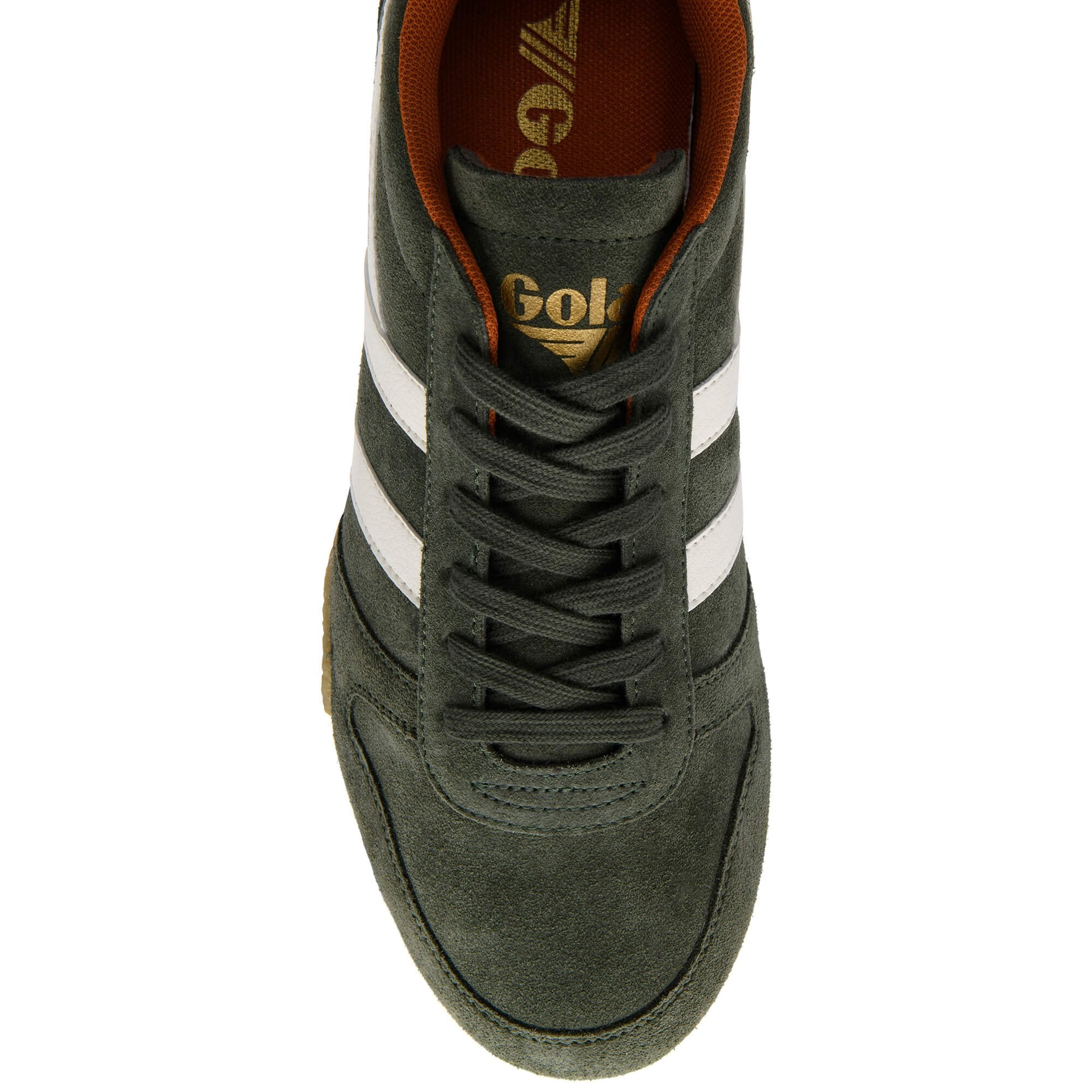 Top-down view of a dark green suede trainer with white stripes and orange lining