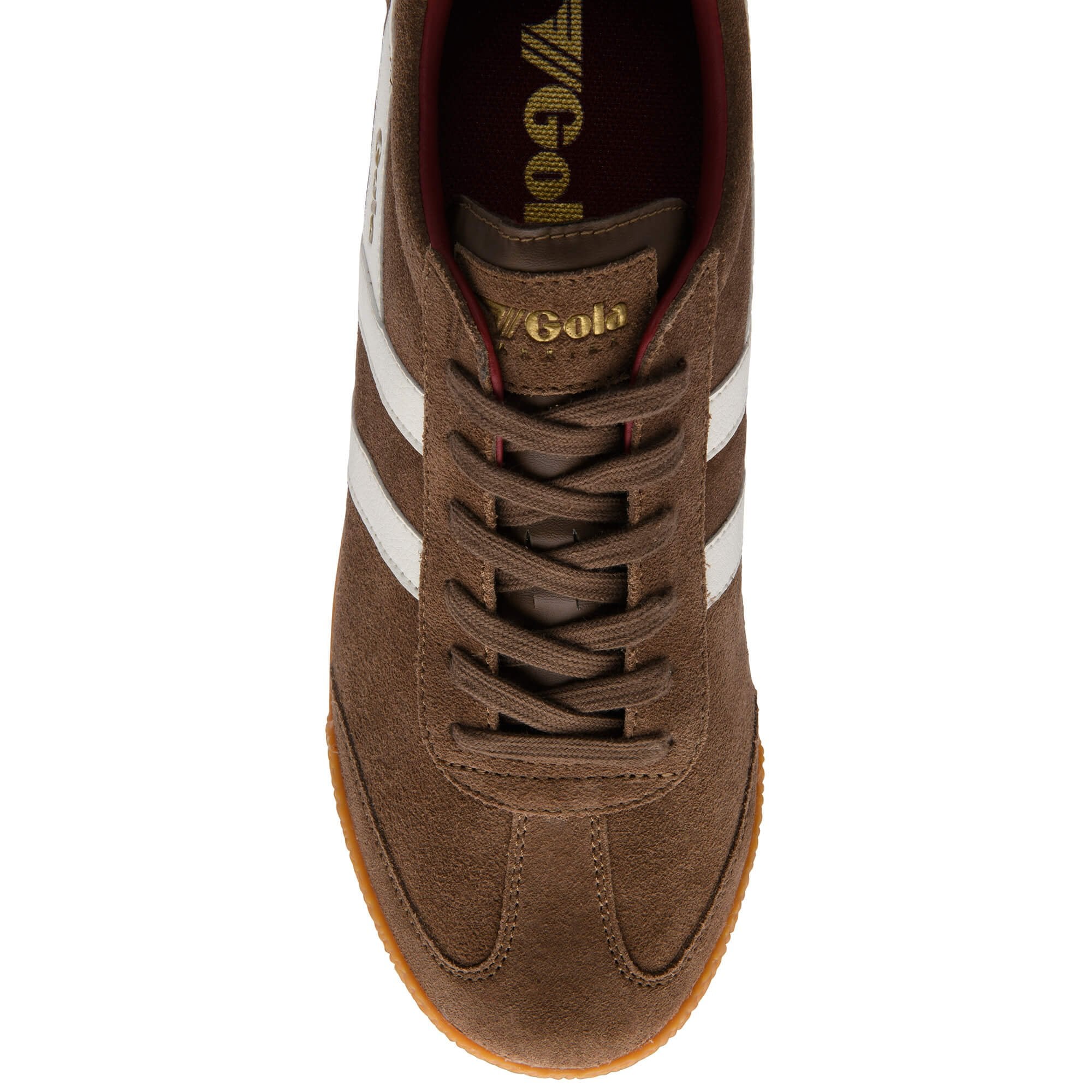 Brown trainer with white stripes and 'Gola' branding on a white background