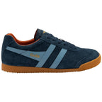 Blue trainer with brown sole on a white background