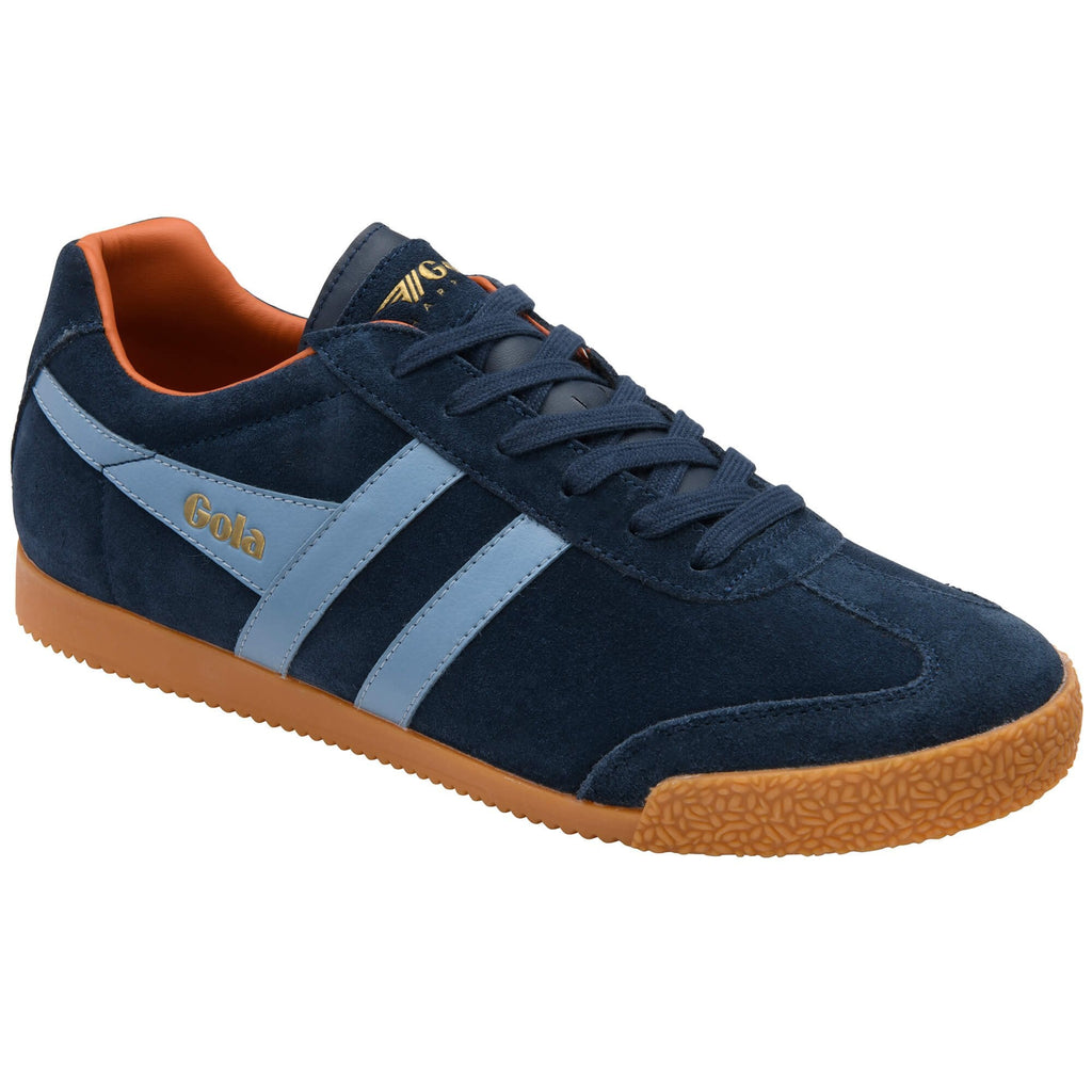 Navy blue trainer with brown sole on a white background