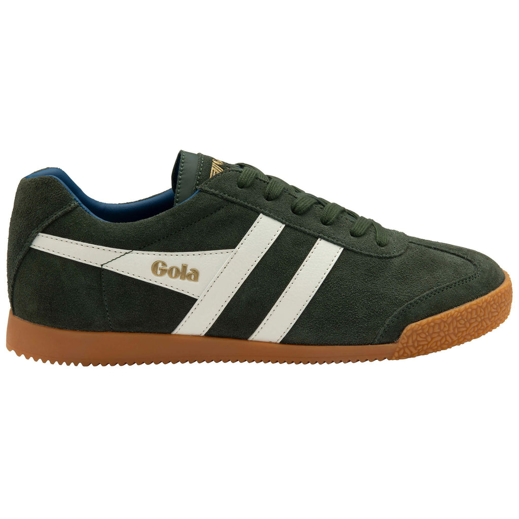 Green trainer with white stripes and brown sole on a white background
