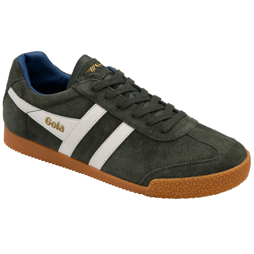 Green trainer with white stripes and brown sole on a white background