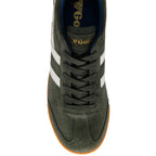 Green trainer with white stripes and 'Gola' branding on a white background